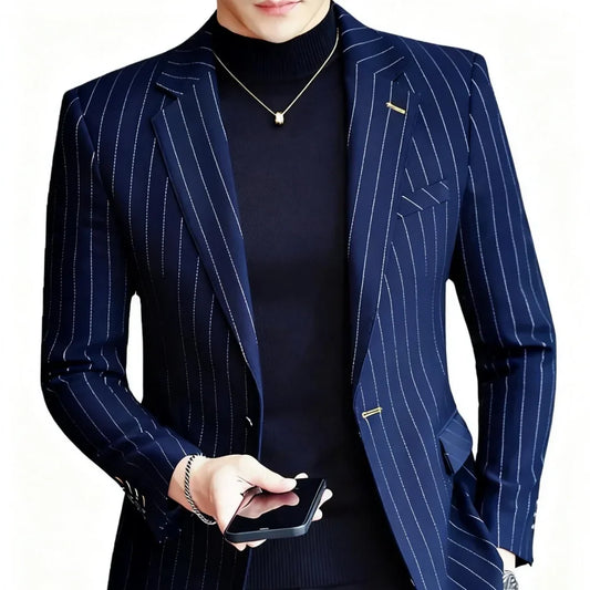 Elegant Blue Navy Men's Striped Business Blazer Slim Fit Tuxedo Casual Wedding Suit Peak Lapel Single Breasted Jacket