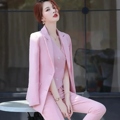 Lady Solid Lapel Blazer Suit Full Sleeve V-neck Single Breasted Straight Leg Pants Suits 2026 Fashion New Office Commute Outfit