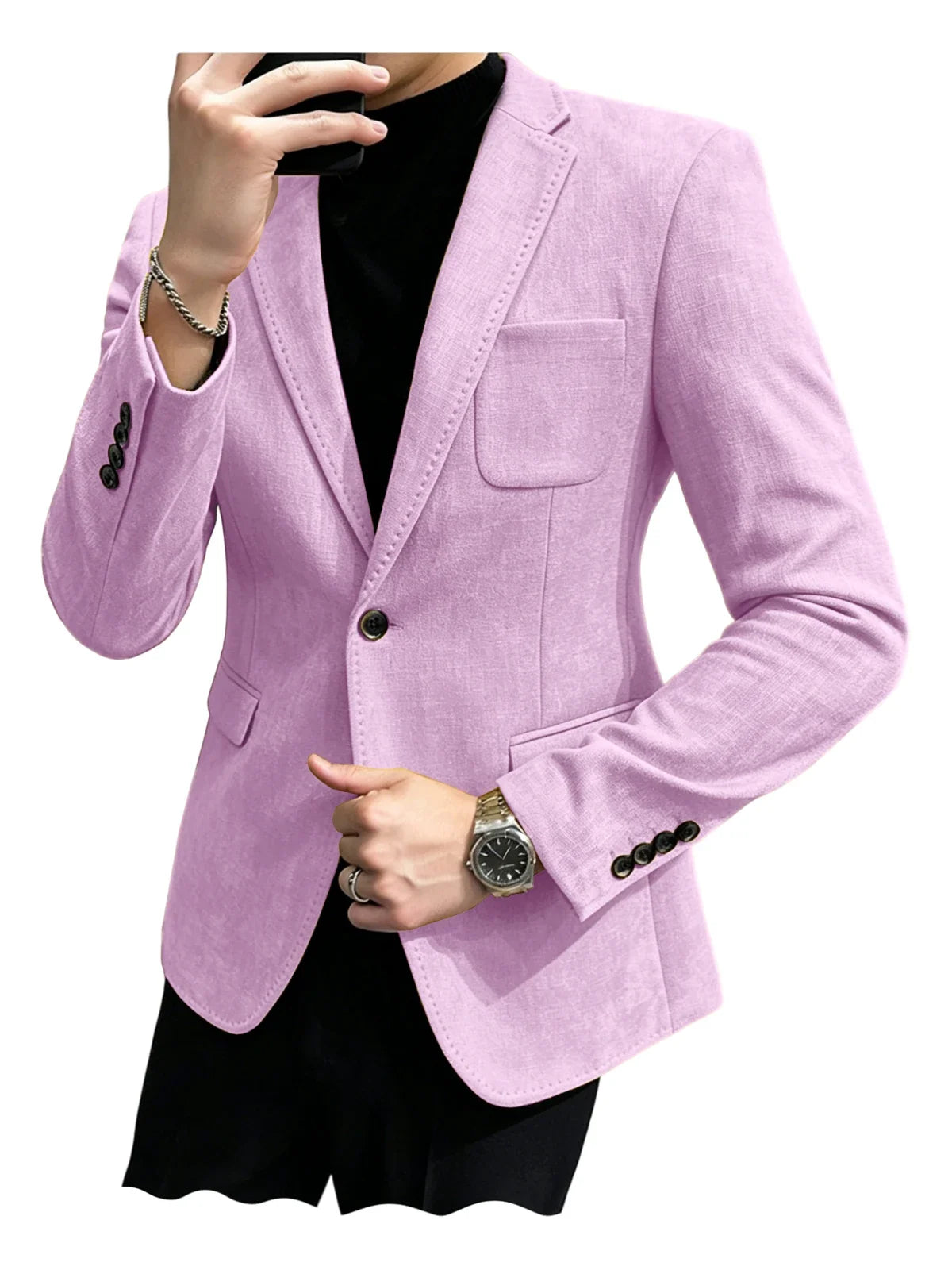 Mens Blazer Linen Blend Notched Lapel 1 Button Slim Fit Stitched Edge Patch Pockets Business Casual Daily Soft Breathable Jacket