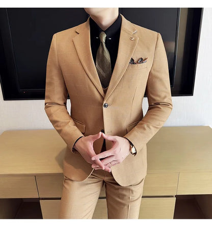 Men's 3-Piece Slim Fit Plaid Suit – Jacket, Vest & Pants for Weddings, Office & Formal Occasions