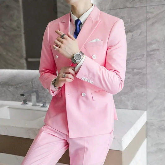 (Jacket+Pants) High Quality Solid Color Men Suits Fashion Double Breasted Wedding Stage  Formal Slim Business Social DressSuit