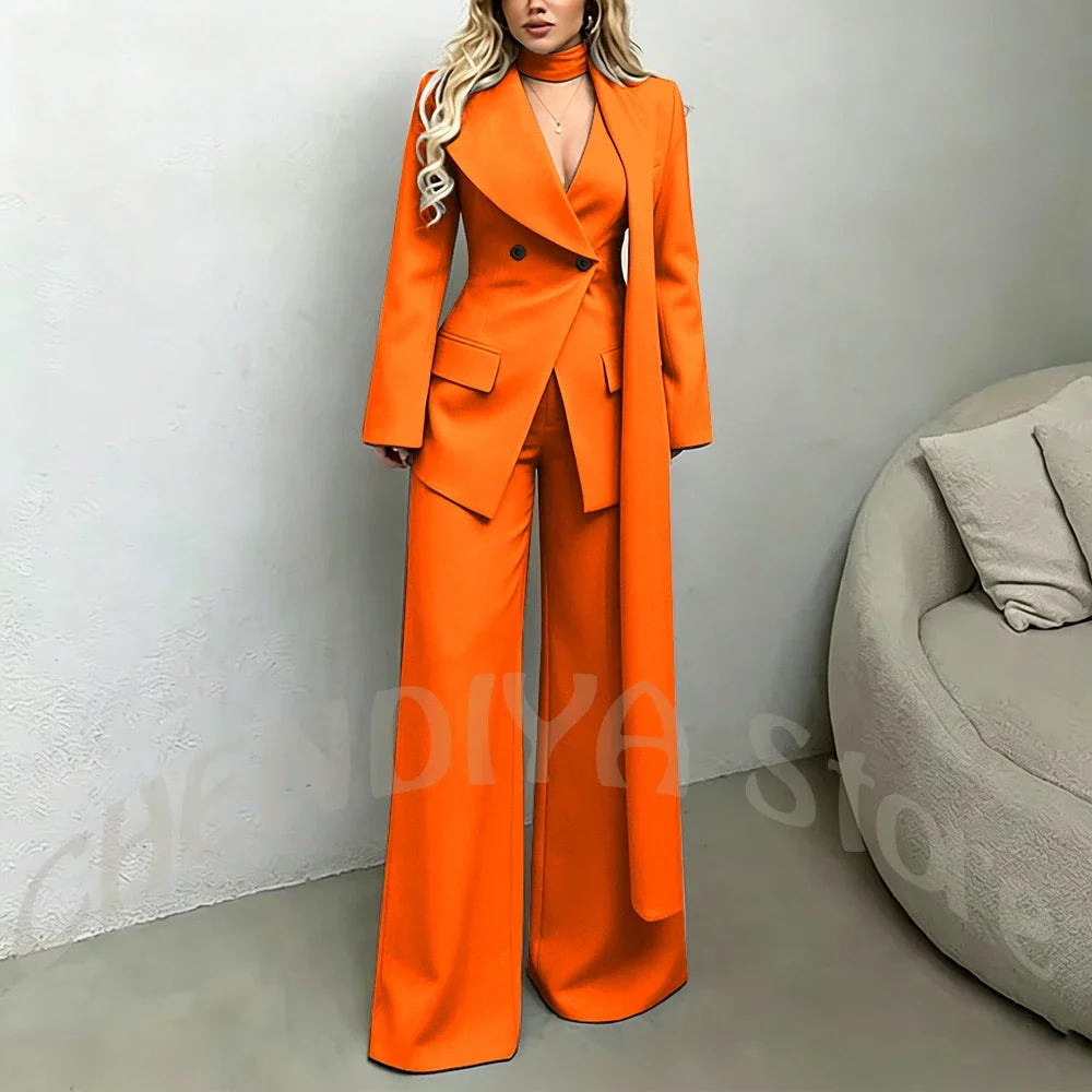 Classic Black Women Suit Set Double Breasted Asymmetrical Blazer Pants with Muffler Formal Office Elegant Two Piece Outfit