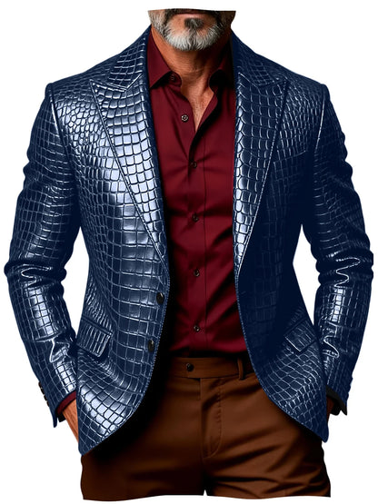 Luxury Men's Crocodile Pattern PU Leather Blazer Notch Lapel Single-Breasted 2 Button Slim Fit Jacket Business Casual for Man