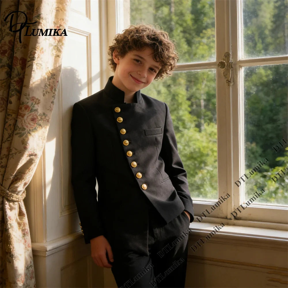 Boys Suit Set Mandarin Collar Tuxedo with Gold Buttons for Weddings and Formal Occasions
