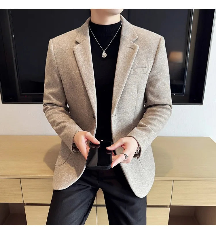 High Qualitys Thickened Wool Suit Jacket Autumn Winter New Luxury Solid Color Formal Men Business Slim Fit Social Party Tuxedo