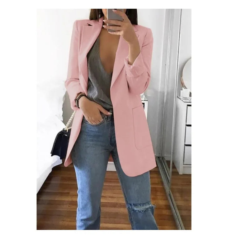 Women's Casual Blazer Notched Lapel Long Sleeve Open Jacket with Pockets Slim Fit Spring Autumn Office Lady Streetwear Coat
