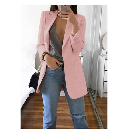 Women's Casual Blazer Notched Lapel Long Sleeve Open Jacket with Pockets Slim Fit Spring Autumn Office Lady Streetwear Coat