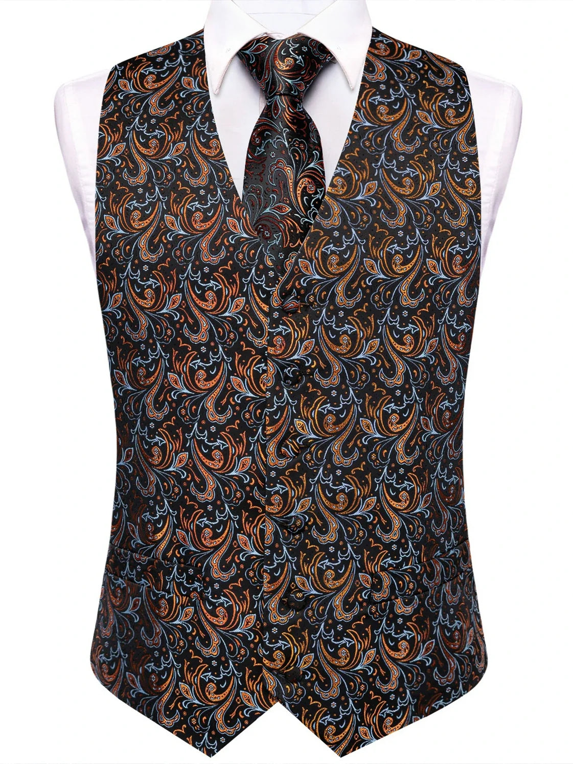 Men's Waistcoat Set Jacquard Floral Black Yellow Formal Wedding Tuxedo