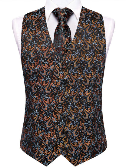Men's Waistcoat Set Jacquard Floral Black Yellow Formal Wedding Tuxedo