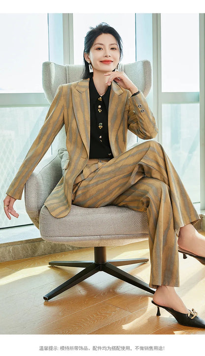 Fashion Autumn Winter Ladies Pant Suit Women Striped Female Business Work Wear Jacket Blazer and Trouser Formal 2 Piece Set