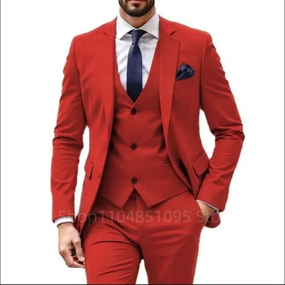 Costume de mariage formel trois pièces pour homme, avec revers crantés, veste unie, gilet et pantalon, pour soirée de bal, décontracté ou affaires