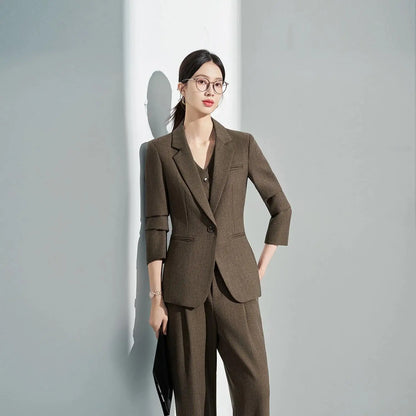 Formal Office Lady Slim Fit 2 Piece Suits Autumn Dark Brown Single Button Blazer And Pants Elegant Business Female Work Wear