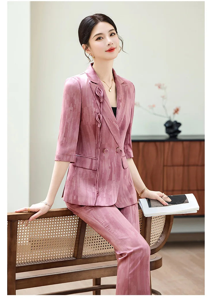 Spring Ladies Pant Suit Women Pink Wine Red Female Business Work Wear Half Sleeve Jacket and Trouser Formal 2 Piece Set Blazer