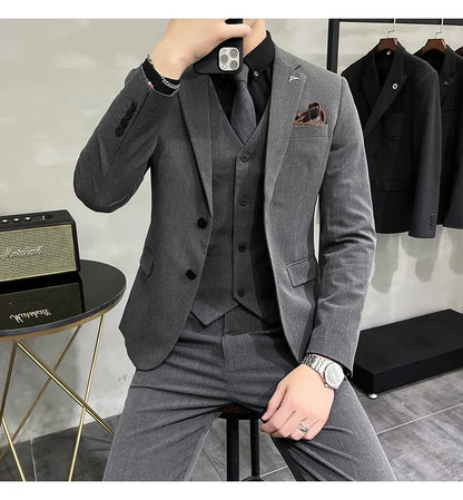 Plus Size S-7XL Man Korean Slim Fit Custom Groom Business Casual Tuxedo Blazers Vest Pant Casual Wedding Social Tuxedo Dress