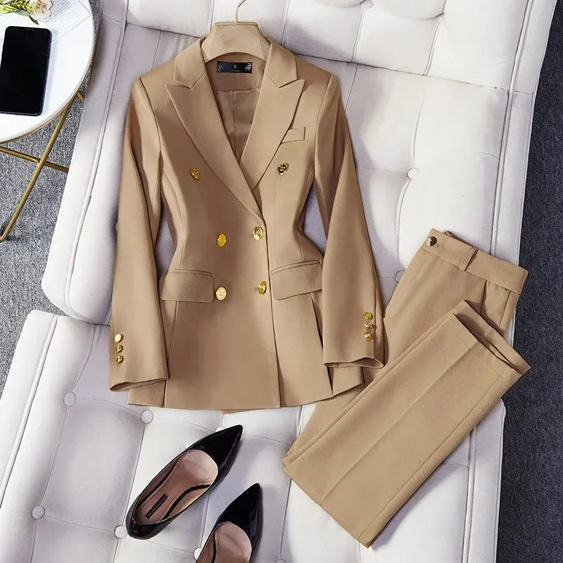 2025 Button Decoration Formal Jacket Blazer and Trouser 2 Piece Set Fashion Pink Green Black Ladies Work Wear Pant Suit Women