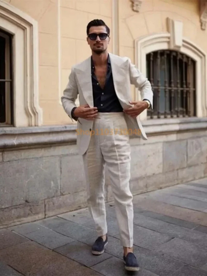 Men's Beige Linen 2-Piece Suit – Peak Lapel Slim Fit for Weddings & Summer Formal Occasions