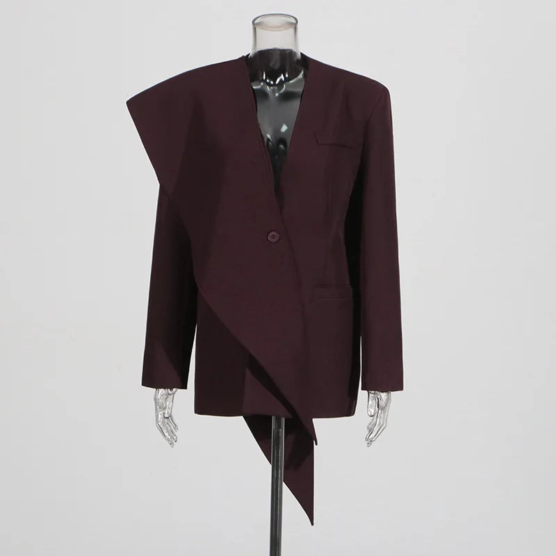 Spring Autumn New Women Blazer V-neck Single Button Asymmetric Solid Color Scarf Collar Fashion Elegant Trendy Coat HK17099