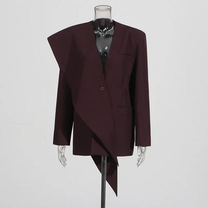 Spring Autumn New Women Blazer V-neck Single Button Asymmetric Solid Color Scarf Collar Fashion Elegant Trendy Coat HK17099