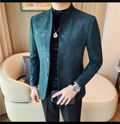 2025 Spring Trendy Jacquard Suit Jacket Men Stand Up Collar Casual Blazers Slim Wedding Business Streetwear Social Dress Coats