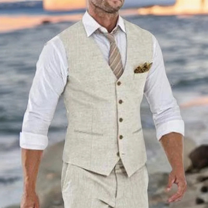 Men's Linen Suit Vest – Beige V-Neck Waistcoat for Wedding, Beach & Smart Casual Wear