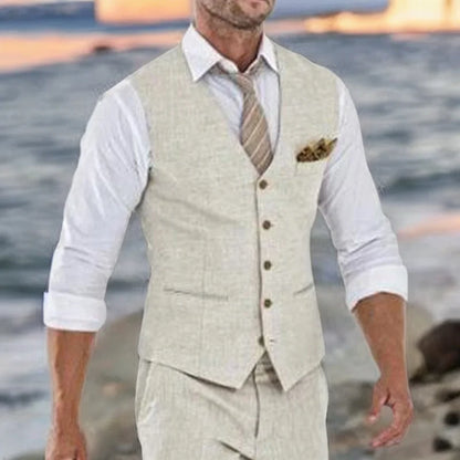 Men's Linen Suit Vest – Beige V-Neck Waistcoat for Wedding, Beach & Smart Casual Wear