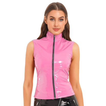 Adults Wet Look Sleeveless Waistcoat Women Fashion Zipper Vest Patent Leather Tops Vests Nightclub Clubwear Clubbing Costume