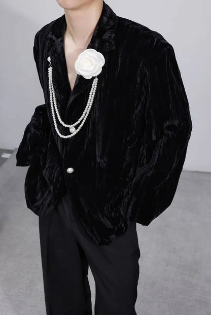 Luxury Elegant Handsome Blazer Coat Men's Original Niche Three-dimensional Pearl Chain Stylish Solid Color Jacket JY4431