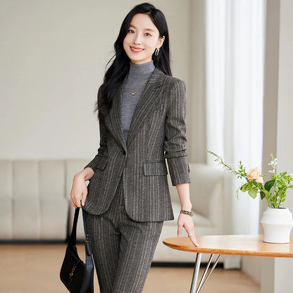 Gray Coffee Striped Ladies Formal Pant Suit Set Women Female Business Work Wear Long Sleeve 2 Piece Blazer Jacket And Trouser