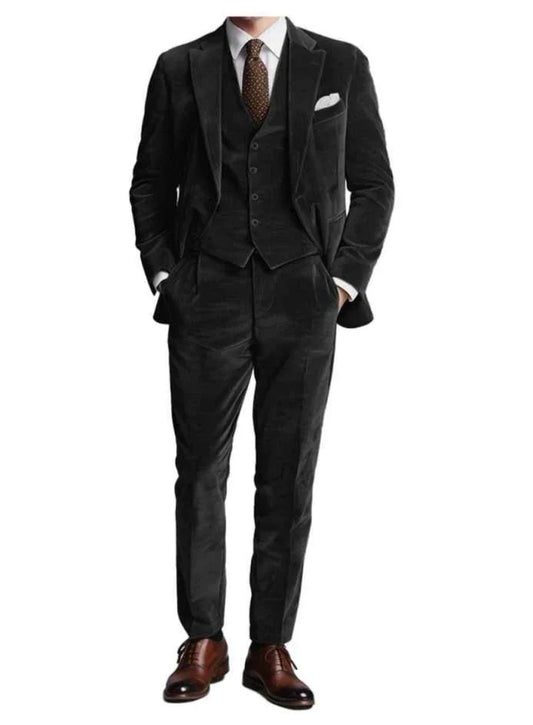 Black Wick Cotton Men Formal Business Suits Wedding Suit Slim Fit Groom Tuxedos 3 Pcs Set Dress Notch Lapel Blazer Vest Pants