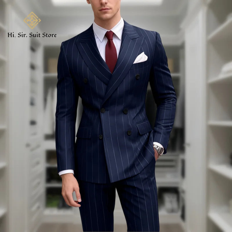 Men's 2-Piece Slim Fit Double-Breasted Striped Suit Set for Men – Wedding, Business & Formal Occasions