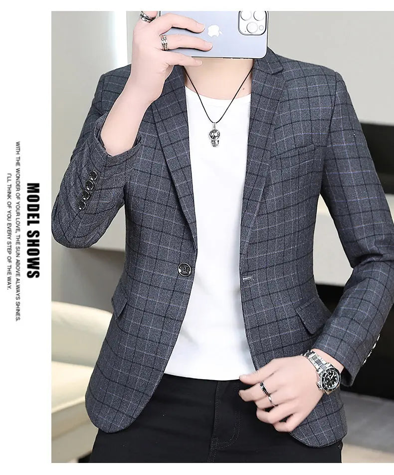 High-quality Men's Stylish and Trendy Business Checkered Single-Piece Western-Style Casual, Fashionable and Form-Fitting Small S