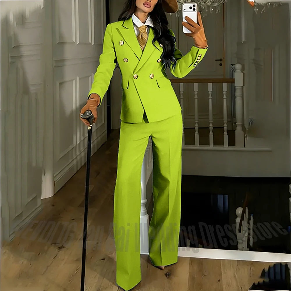 Navy Blue Women's Suit Regular Fitted Customized Peaked Lapel Blazer Professional Outfit(Jacket+Pants) Office Lady Daily Set