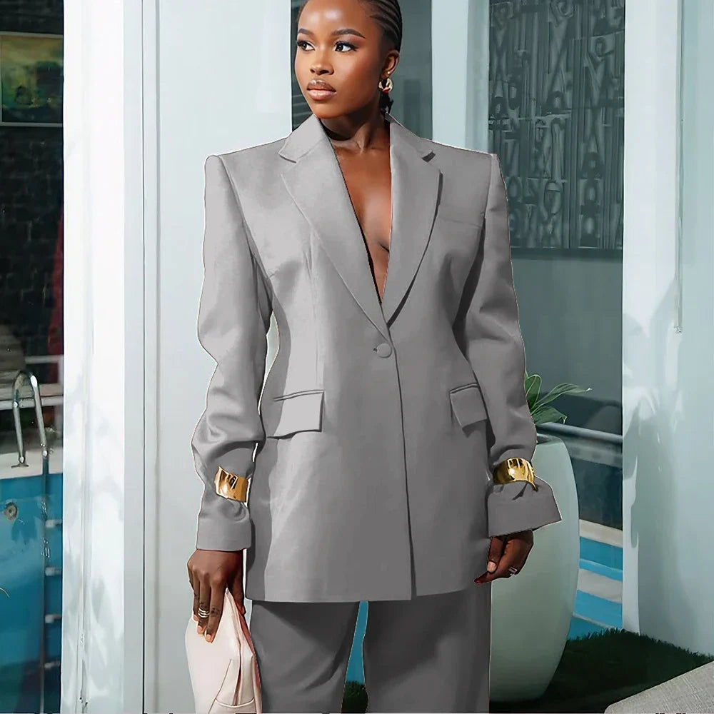 Elegant Women's Suit Autumn New Red Clothing Single Button Notch Lapel Blazer Pant Sets Formal Slim Fit Office Party Outerwears
