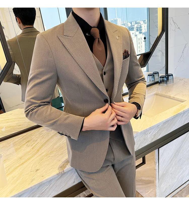 (Blazer + Vest + Trousers) 2024 New Men Formal Business Solid Suit 3 Pieces Set Italian Style Luxury Wedding Social Party Tuxedo