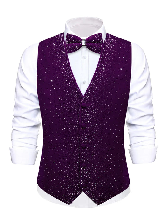 Men's Velvet Vest with Bow Tie – Slim Fit Purple Rhinestone Formal Waistcoat for Wedding & Party