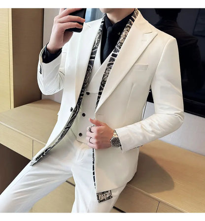Double Collar Suit Set 3 Pieces Business Formal Casual Suits Vest Trousers Office Work Party Prom Wedding Groomsmen Clothing