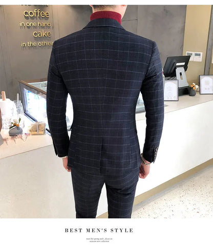 Luxury Men Slim Fit Check Suit Men Business Office Formal Suits 3 Pcs Set Blazers Pant Casual Wedding Social Tuxedo Dress Homme