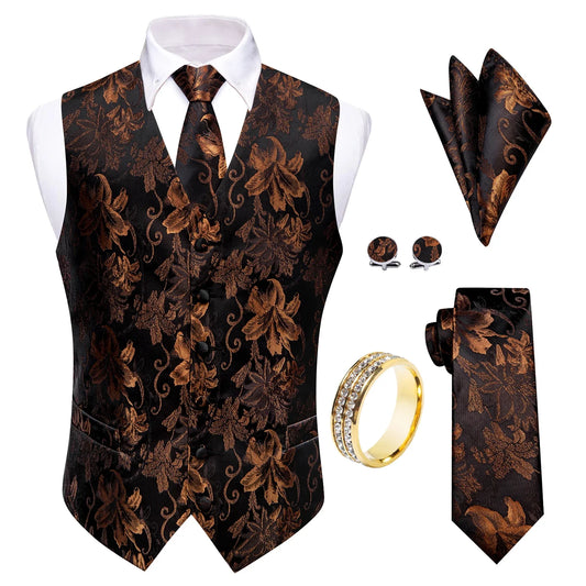 Men's Floral Jacquard Vest 5-Piece Set with Tie and Accessories for Vintage Banquet – Black Brown