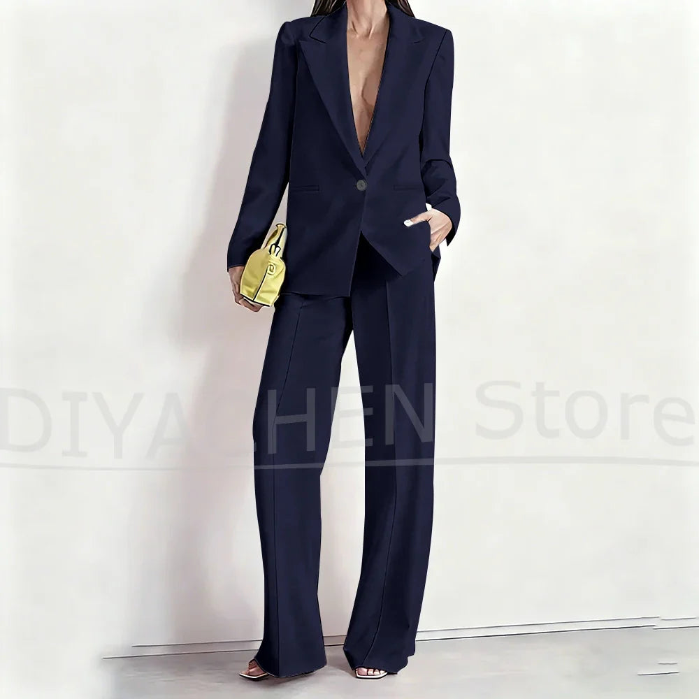 Women's Suit Set Peak Lapel One Button Blazer and Wide-Leg Pants Fashion Formal Casual Party Office Stylish Pants Sets Two Piece