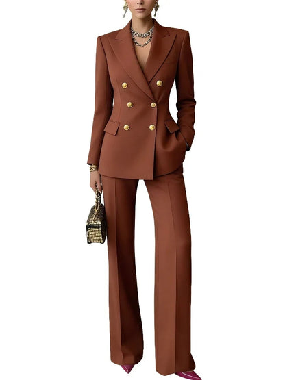 Pure Color Button up Long Sleeve Shirt And Pants Set Formal Streetwear Polyester Spandex Women's Casual Outfit Four Seasons