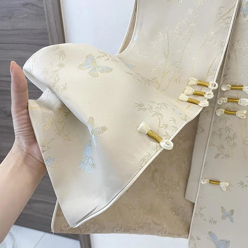 Spring Autumn Chinese Style Sleeveless Vest Coat For Women Stand Collar Jacquard Waistcoat Spring Summer Thin Lined Tank Tops