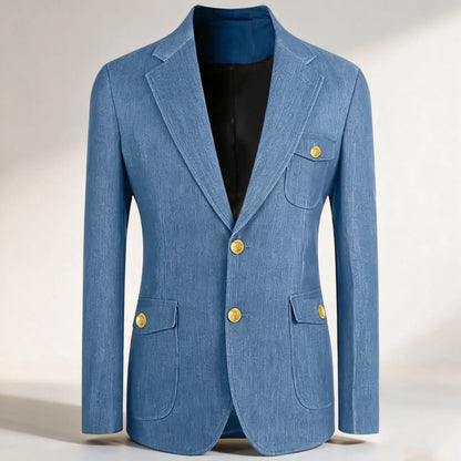 Men's Denim Suit Jacket Classic Notched Lapel Slim Fit Gold Buttons Multiple Pockets Formal Blazer Business Casual Daily Wear