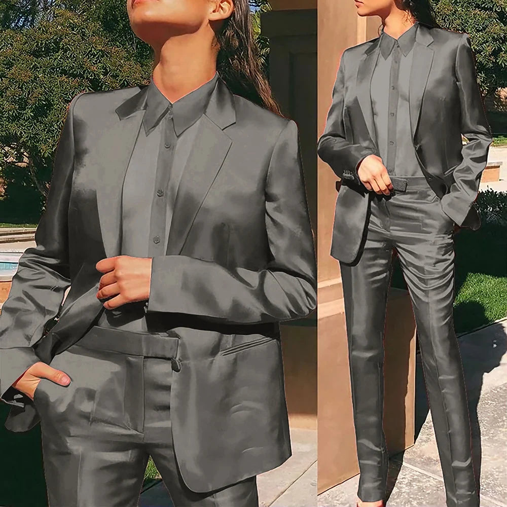 Women’s Red Satin Suit 2 Piece (Jacket+Pants) Set Gorgeous Single-breasted Blazer for Evening Party Formal Cocktail Streetwear