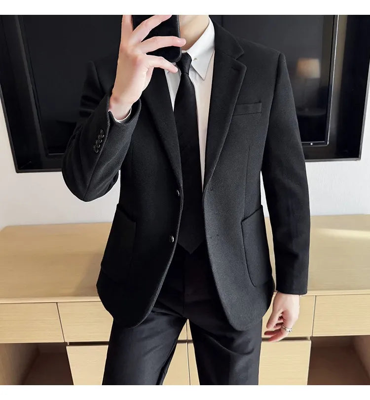 High Qualitys Thickened Wool Suit Jacket Autumn Winter New Luxury Solid Color Formal Men Business Slim Fit Social Party Tuxedo