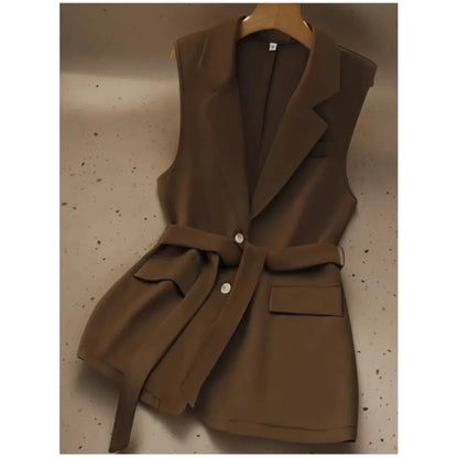 Fashion Sleeveless Slim Suit Collar Women Vest Spring Autumn New Single Breasted Elegant Lace Up Female Versatile Vest Tops 2025
