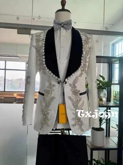Opulent Crystal Men's Suits 3 Pieces For Banquet Party Elegant Handsome Jacquard Suit Set For Man Wedding Groom Sets S-3XL