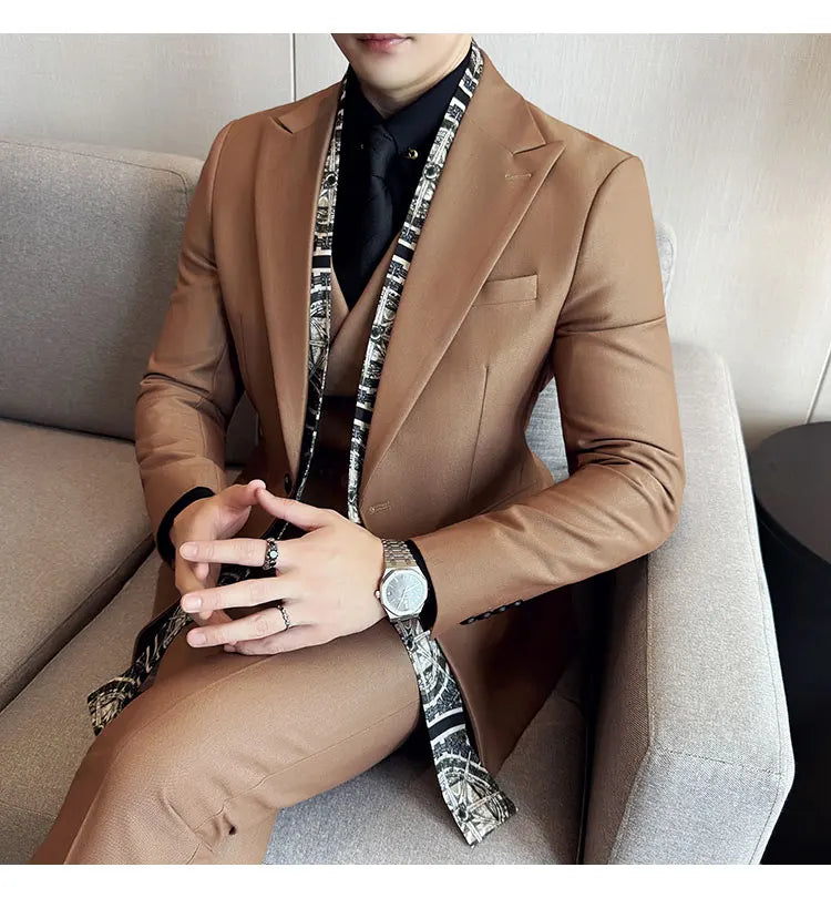 Double Collar Suit Set 3 Pieces Business Formal Casual Suits Vest Trousers Office Work Party Prom Wedding Groomsmen Clothing