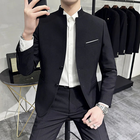 High Quality Stand Collar Suit Men 2 Pieces Business Formal Casual Suits Solid Color Office Party Wedding Groom Blazer Trousers