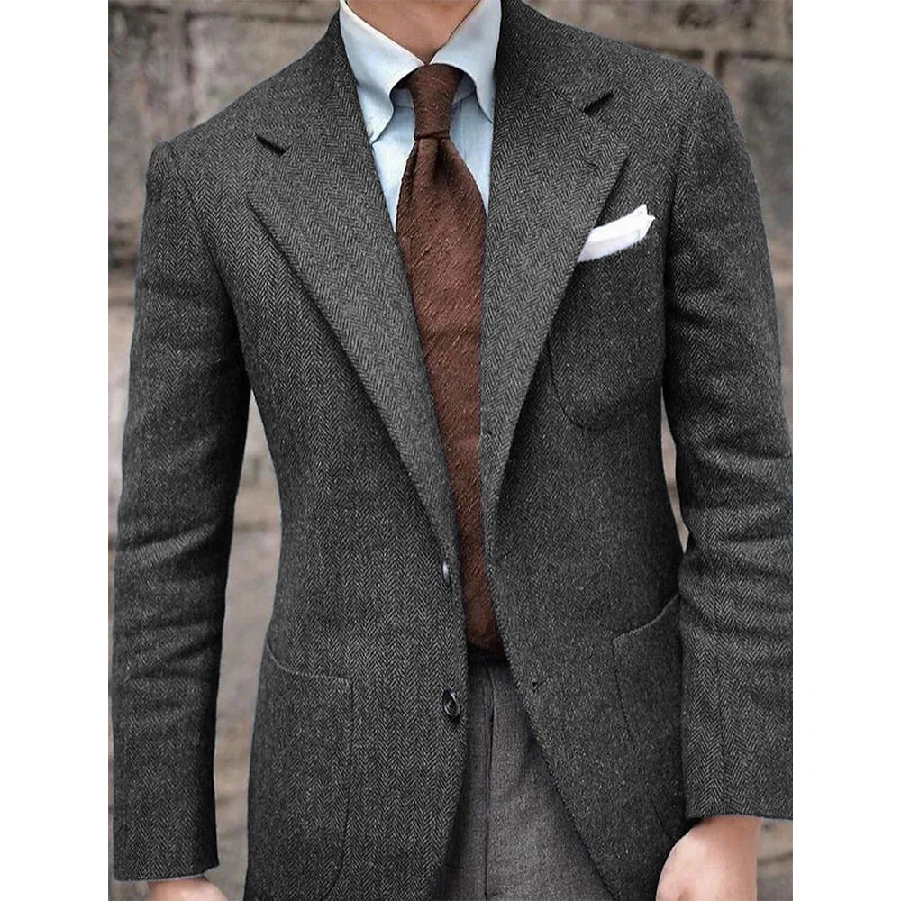 Men's Herringbone Suit Jacket Single-Breasted Slim Fit Casual Fashion Comfortable Elegant Blazer for Party Business Formal Wear