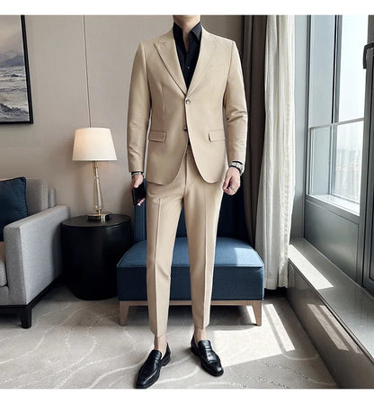 Jacket + Pants 2 Pieces Men's Elegant Fashion Slim Fit Suits Formal Business Wedding Tuxedos Casual Gentleman Solid Dress Suit